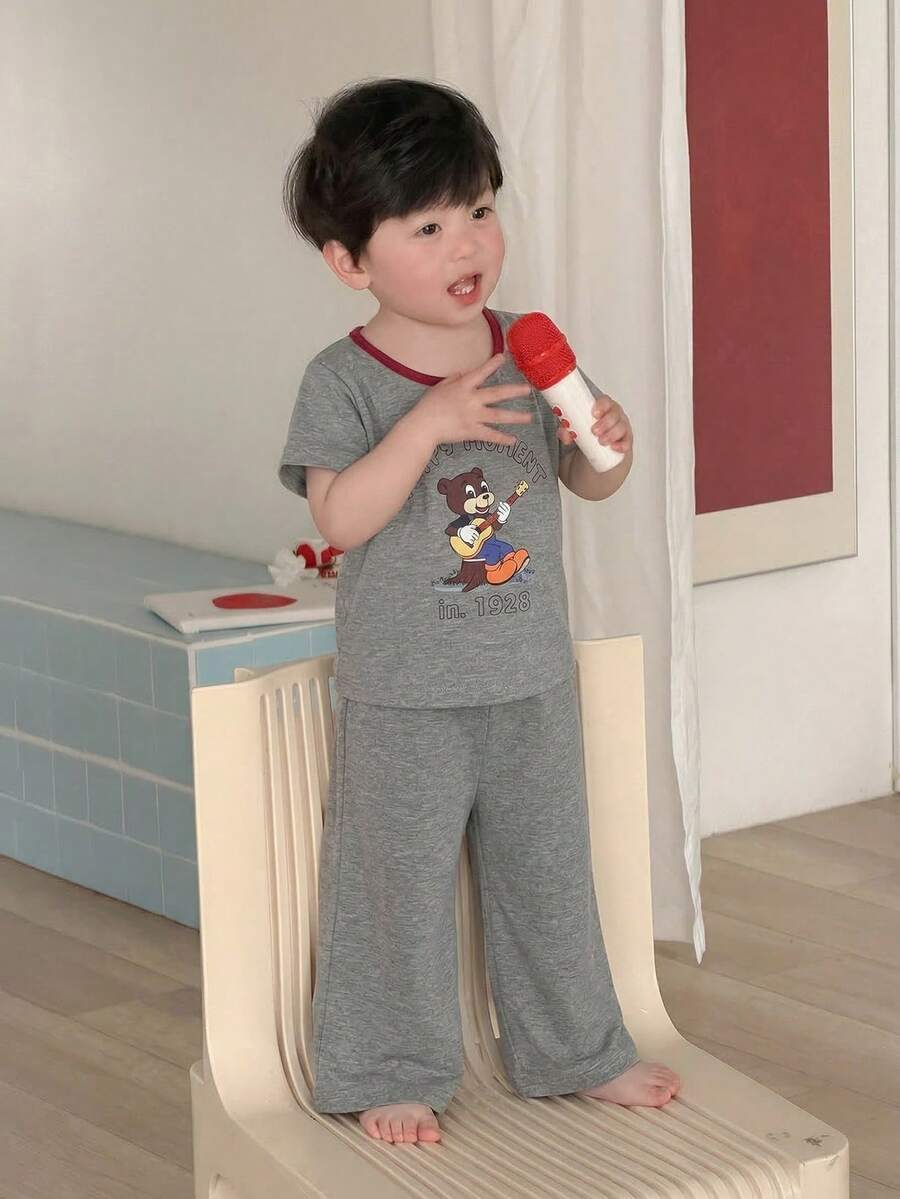 DAZY 2件套幼儿男童卡通印花圆领背心和裤子睡衣套装 - 灰色 - 查看 1
