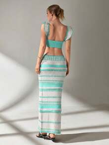 EURMUSE Women Top And Skirt Openwork Sweater Cover Up Set - Mint Green - View 2