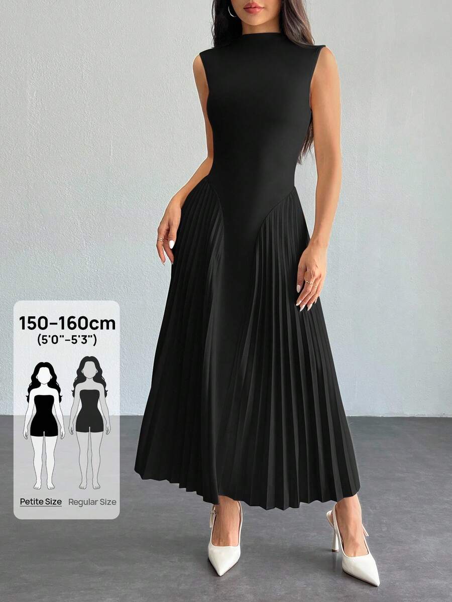 SHEIN PETITE 女士优雅褶皱紧身 A 字形连衣裙 - 黑色 - 查看 1