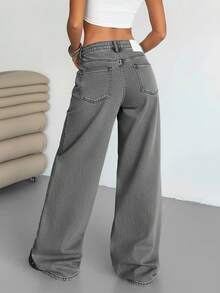 EURMUSE WOMEN LOW WAIST WIDELEG CASUAL STREET DARK BLUE WITH BACK LABEL WATER WASH - Grey - View 2