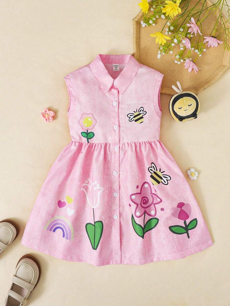 SHEIN Playful Pals 女童可愛蜜蜂與花朵印花領口無袖洋裝,適合春夏外出與日常穿著 - 粉色 - 查看 1