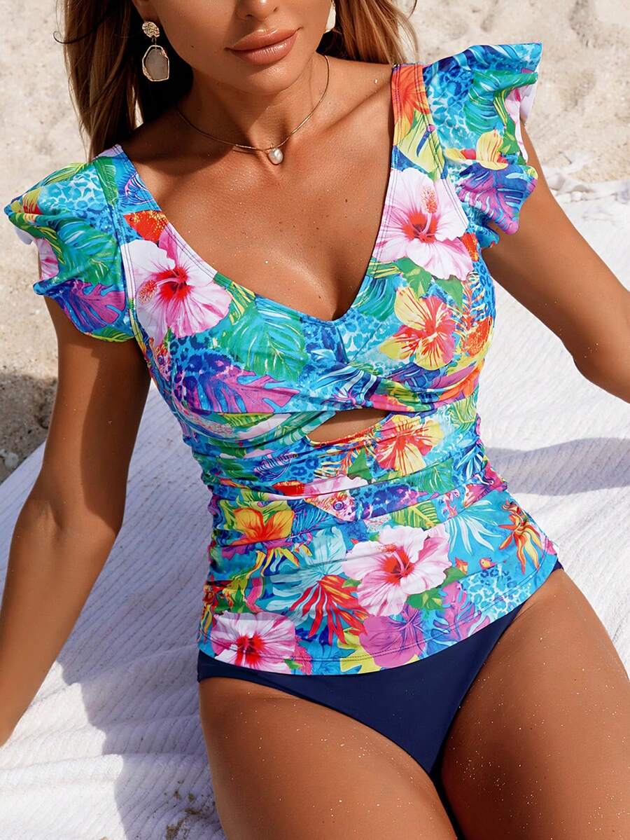 Swim Lushoire Lushore-D 女士荷叶边印花三角比基尼上衣和下装 - 彩色 - 查看 1