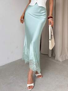 Firerie Summer Elegant Party Light Green High Waist Lace Patchwork Skirt For Women, Exquisite Minimalist Fashion Versatile Commuter Daily Date Skirt - Mint Green - View 7