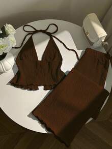 Elamini Textured Fabric Pleated Halter Top And Wide Leg Pants Set - Brown - View 2