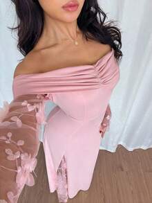 Rafferiza 女士时尚端庄露肩网纱拼接长袖垂褶连衣裙，适合派对和约会穿着 - 粉色 - 查看 5