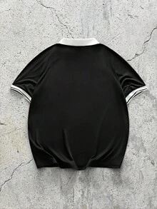 男士黑色字母印花翻領短袖聚酯纖維寬鬆版型 Polo 衫，足球、嘻哈、夏季、高爾夫球衫，輕量、透氣、涼爽，休閒風格，送給父親/丈夫的禮物 - 黑色 - 查看 4