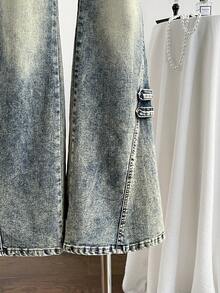 Elamini 女士休闲水洗低腰喇叭牛仔裤 - 藍色 - 查看 5