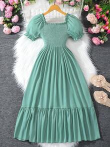 SHEIN 少女纯色花瓣袖蝴蝶结休闲夏季连衣裙中长连衣裙女士春季连衣裙泡泡袖连衣裙褶皱连衣裙浅绿色连衣裙蝴蝶结细节连衣裙 - 綠色 - 查看 10
