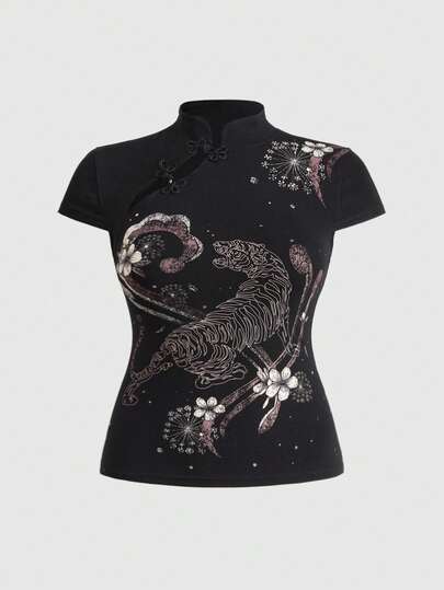 ROMWE Avant Summer Outfits Distinctive Chinese Style Mandarin Collar Tiger Print Slim Fit Plus Size Women Top Chinese Style Top