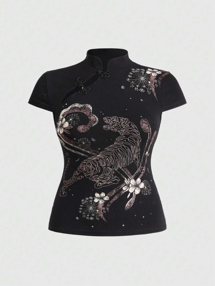 ROMWE Avant Pakaian Musim Panas Bergaya Cina yang Khas, Kerah Mandarin, Motif Macan, Potongan Slim Fit, Ukuran Plus, Atasan Wanita Bergaya Cina - Hitam - View 1