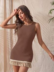 Swim Chiccia 1 pieza Body sin mangas de mujer con textura de malla y flecos largos, estilo elegante - Marrón - Ver 7