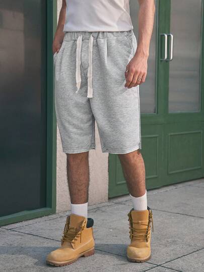 Open Phase 男士灰色宽松休闲及膝短裤，带磨损下摆，夏季百搭短裤，宽松超大短裤