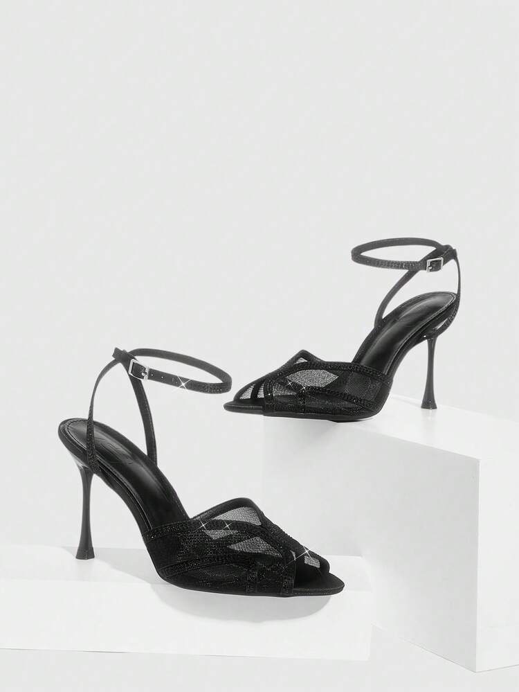 CUCCOO SZL Women Shoes Pointed Stitch Heel Black Mesh Splicing Rhinestones Sexy Fashion Gorgeous Ankle Strap With Skirt Banquet Party Nightclub Ladies High Heel Sandals Backspace Sandals Spring Shoes Prom Heels Summer Shoes