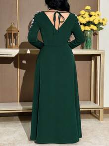 Modelyn Plus Size Elegant Party Sequin Embroidered Dress Fall - Dark Green - View 2