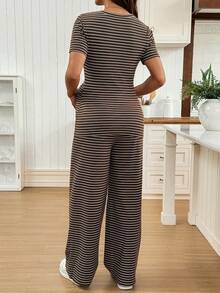 SHEIN 2pcs Maternity Casual Striped Print Short Sleeve T-Shirt And Adjustable Waist Wide Leg Pants Set, Suitable For Spring, Summer And Autumn - Coffee Brown - View 2