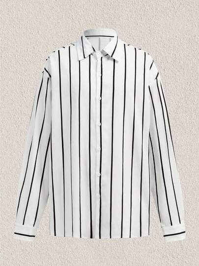 Officeau GloMan klassiek wit overhemd met zwarte strepen en lange mouwen voor heren, met knoopsluiting in linnenlook, geschikt voor casual kantoor en woon-werkverkeer, tijdloze stijl, ideaal kerst- en nieuwjaarscadeau voor mannen. Ook geschikt als Moederdagcadeau.