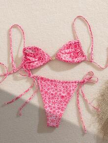 Swim Mod Spring/Summer Floral Print Front-Tie Bikini Two Pieces Set, Casual Beach Vacation - Multicolor - View 2