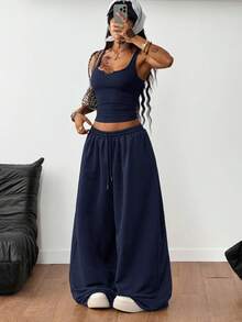 Coolane Damen Sommer Konzert Outfit Streetwear Y2K Casual Alltagskleidung Sportbekleidung Gyaru Ausgeschnittenes Korsett Dehnbarer Träger und weite Hüfthose Zweiteiler - marineblau - Übersicht 5