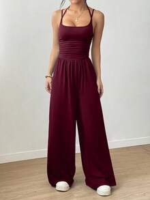 SHEIN PETITE Bộ áo liền quần nữ dáng suông, xếp ly, rộng rãi, thích hợp cho mọi mùa. - Màu Đỏ Sâu - Xem 6