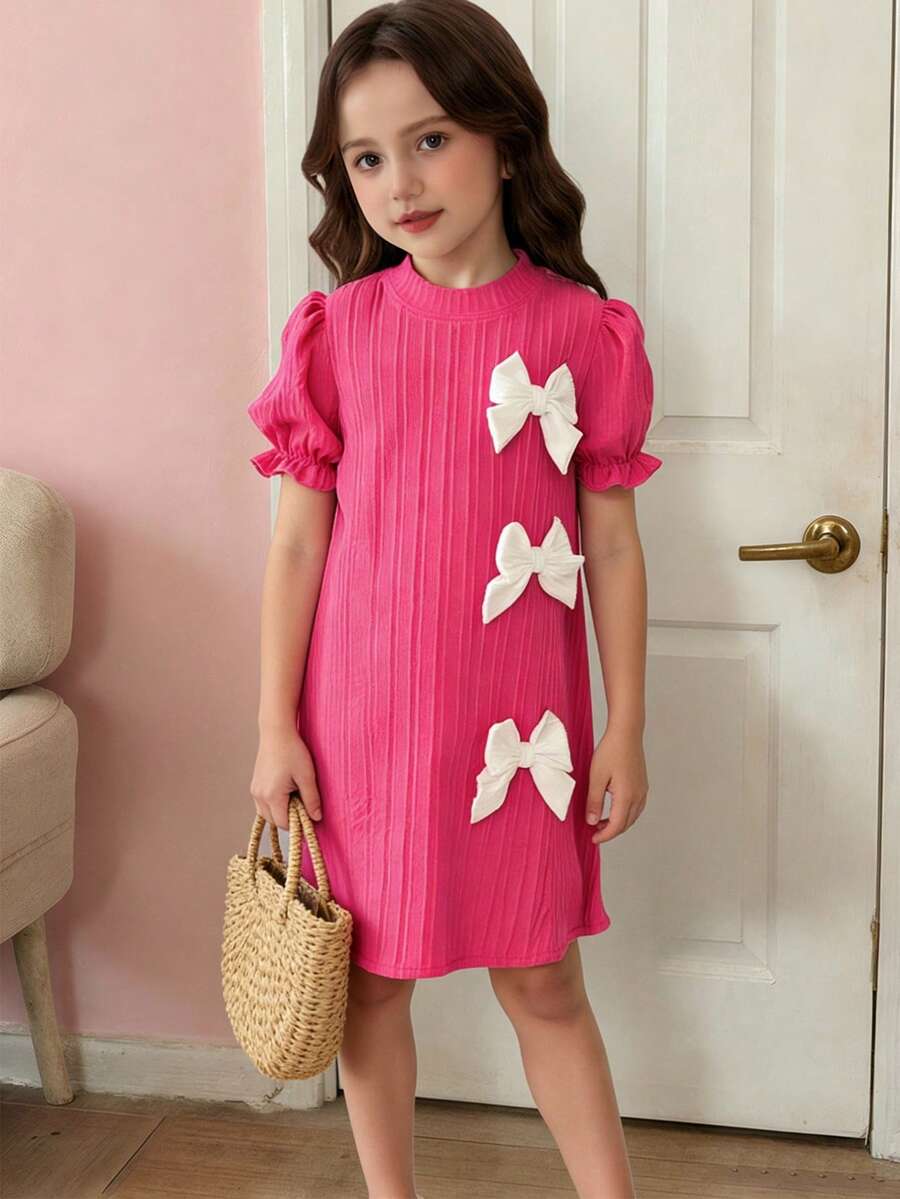 Genkimix Kids Vestido de línea A con mangas abullonadas y lazo, nuevo lanzamiento de verano para niñas - Elegante y estiloso conjunto casual de princesa para vacaciones - Rosa Fucsia - Ver 1