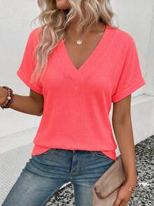 Selamara Áo thun tay ngắn cổ chữ V dệt kiểu waffle, thời trang, đa năng, bán chạy nhất, mới nhất. - Đỏ - Xem 4