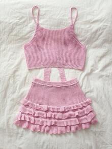 SHEIN Sweetro Bộ đồ 2 món tối giản ngọt ngào dành cho nữ mùa hè: áo hai dây croptop màu hồng nhạt và chân váy dệt kim. - Màu Hồng baby - Xem 2