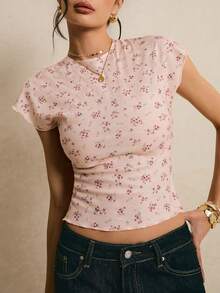 Poéselle 女士全印花休闲百搭日常穿着短袖T恤 - 粉色 - 查看 6