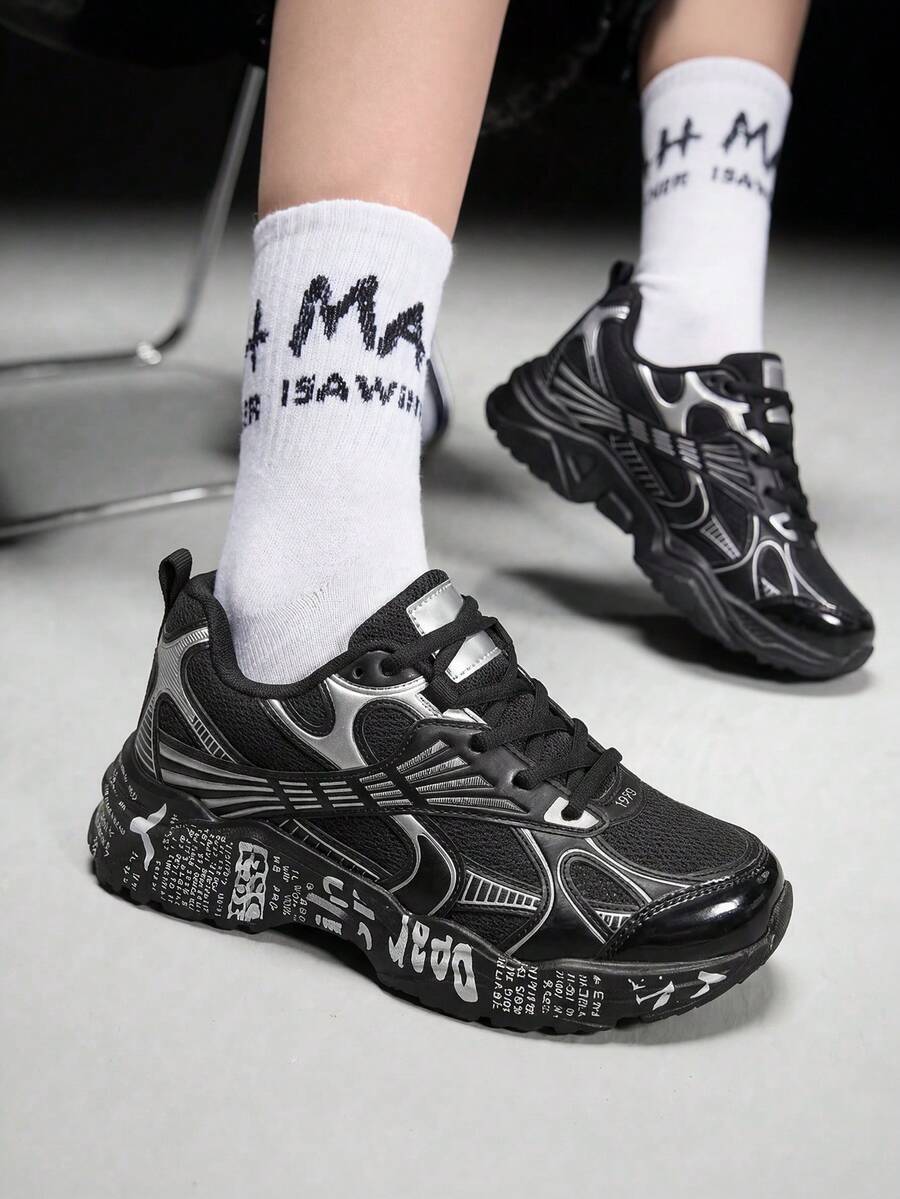 Vate Women's Silver Thick Sole Chunky Sneakers, Comfortable & Breathable - Black - View 1