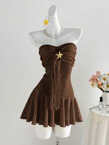Sweetra Women's Yellow Knit Jacquard Metal Starfish Decor Ruffle Hem Bodycon Mini Dress, Spring/Summer , Suitable For Vacation, Beach, Bohemian, Elegant Party, Romantic Date, Versatile Daily Wear - Brown - View 3