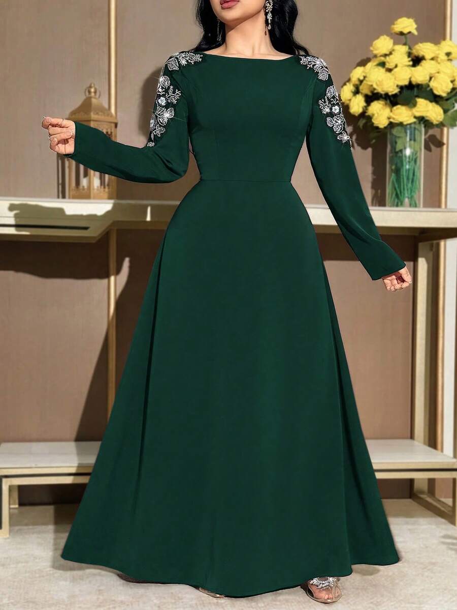 Modelyn Plus Size Elegant Party Sequin Embroidered Dress Fall - Dark Green - View 1