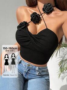 SHEIN PETITE Women's Crossed Straps Floral Decorated Sleeveless Top - Black - View 9