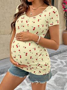 Lyckli Maternity Summer Casual Vacation Cherry Print Short Sleeve Scoop Neck T-Shirt - Yellow - View 6