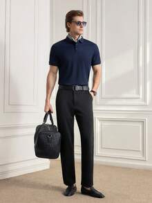 Officeau 男士纯色休闲通勤 Polo 衫，夏季，适合打高尔夫 - 藏蓝色 - 查看 6