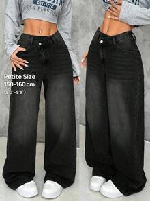 SHEIN PETITE 女式斜襟厚牛仔阔腿裤，蓝色 - 黑色 - 查看 8