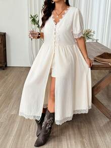 Weeklong 2-in-1 V-Ausschnitt Spitzenbesatz Französischer Stil Kleid, Damen Große Größen Sommer Outfit, Urlaub, Boho - Aprikosenfarben - Übersicht 4