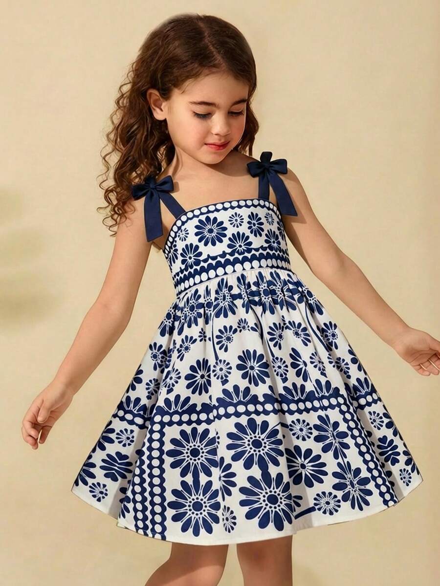 Travachic KIDS Young Girl Ditsy Floral Pleated Camisole Dress Girls Dress Vacation Style Blue And White Dress For Girls Girl Summer Dresses Blue Dress Blue Floral Jacquard Little Girls Dress - Navy Blue - View 1