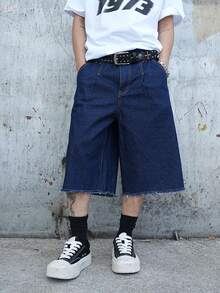 Manfinity Roughcore Men's Solid Color Minimalist Denim Wide Leg Shorts - Dark Wash - View 4