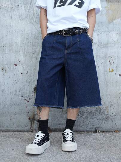 Manfinity Hypemode Men's Solid Color Minimalist Denim Wide Leg Shorts