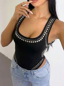 SHEIN SXY 大码方领无袖修身连体衣，夏季时尚 - 黑色 - 查看 4
