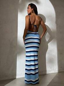 Aloruh 女士春夏新款针织钩编连衣裙，露背交叉条纹波西米亚风度假连衣裙，优雅连衣裙 - 藍色 - 查看 2