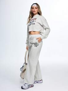 Eassivo Letter Print Drawstring Waist Casual Sports Pants - Apricot - View 7