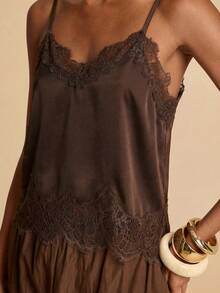Travachic Women's Summer Casual Solid Color Contrast Lace Camisole,Summer Top - Brown - View 4
