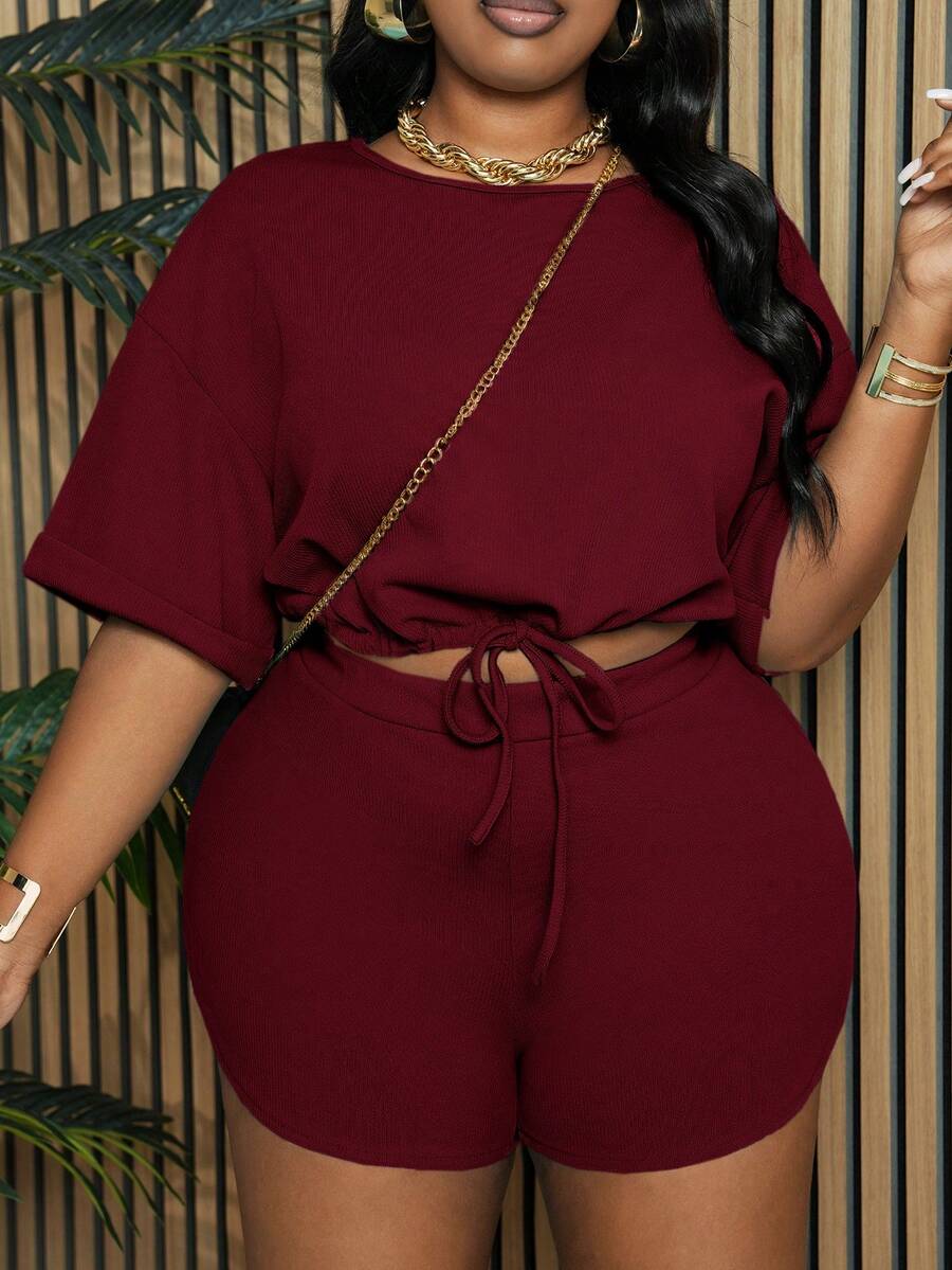 Slaydiva Slayr Plus Setelan 2 Potong Wanita Ukuran Plus Warna Polos dengan Tali Serut di Pinggang dan Belahan di Bagian Bawah, Setelan Musim Panas Jumpsuit Yoga untuk Kerja dari Rumah, Bahan Wol Dua Potong - Burgundy - View 1