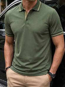SHEIN Teen Boys'Military Green Contrast Color Polo Collar Casual Shirts,Soft & Comfortable Summer Y2k Graduation Back-To-School Stylish Versatile Tops - Army Green - View 3