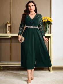 Modelyn Vestido elegante de fiesta de talla grande de unicolor con parches de encaje - Verde Oscuro - Ver 3