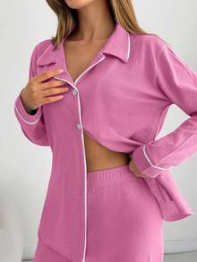 EURMUSE Classic Button Front Pajama Set – Soft Long Sleeve Top & Comfy Straight Leg Pants Loungewear - Baby Pink - View 5