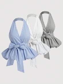 SHEIN ChicEase 2026新款女士裹身式露背上衣，饰有蝴蝶结，经典条纹图案 - 适合日常休闲、办公室通勤、轻松度假穿着 - 黑與白 - 查看 3