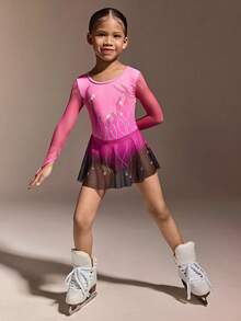 Girls' Long Sleeve Ice Skating Dress, Featuring Printed Crystal Design, High Elasticity Skin-Tight Cut And Smooth Sheer Mesh Skirt, Specially Designed For Fluid Movement And Sparkling Performance In Ice Skating Practice, Competition And Shows - Hot Pink - View 5