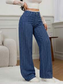 SHEIN Tall 冬季女式时尚通勤优雅蕾丝腰带拼接细节条纹阔腿黑色牛仔裤 - 中等水洗藍 - 查看 3
