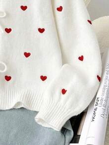 SHEIN Frenchy Women's Casual Elegant Knitted Cardigan, Suitable For Valentine's Day, Heart Embroidery - Multicolor - View 4